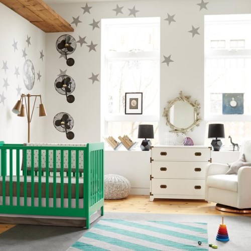 Modern-eclectic-nursery-with-kelly-green-crib